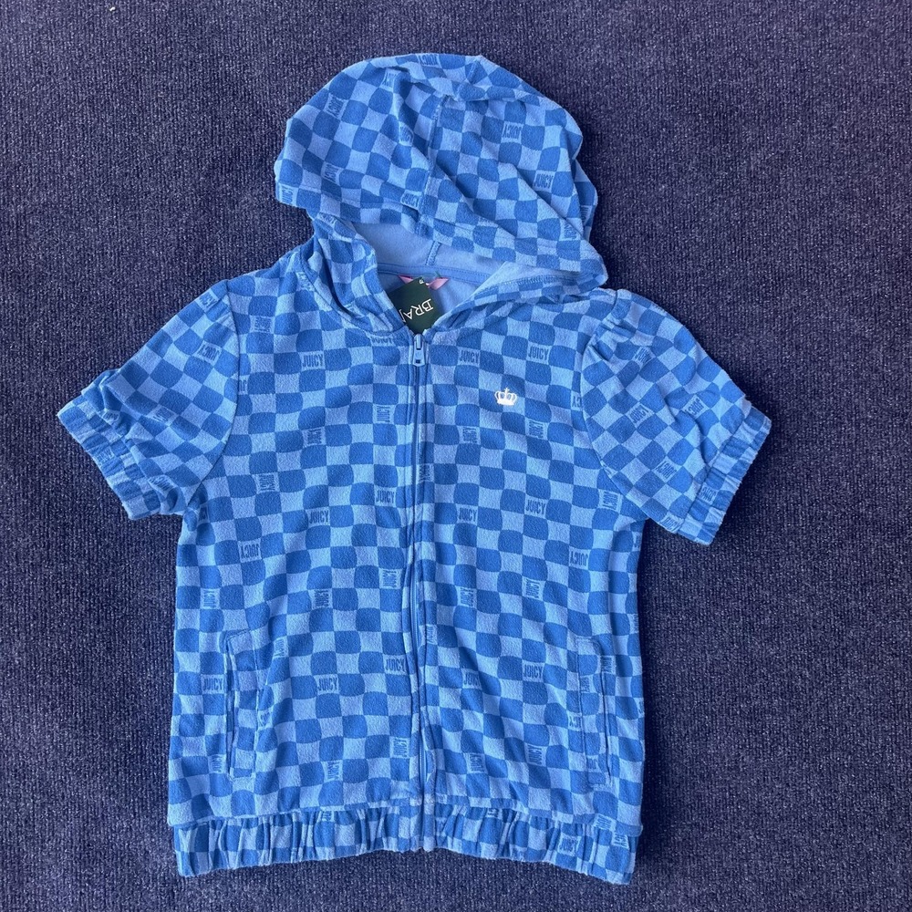 Juicy Couture Hoodie Womens XL Blue Checkerboard Short Sleeve Zip Up Crown Logo